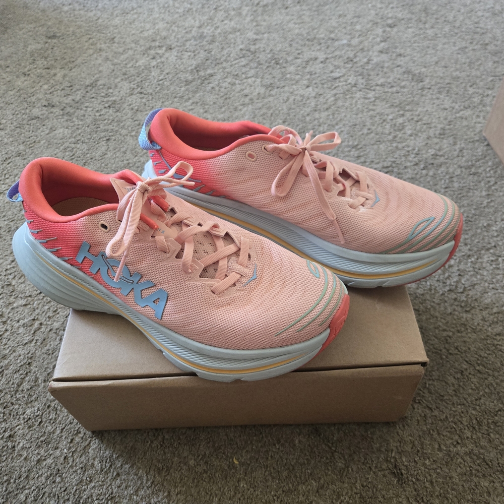 Hoka Coral and Light Blue Athletic Shoes